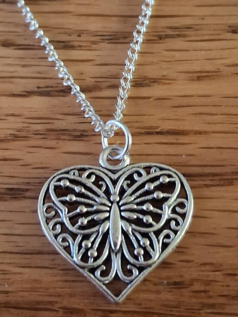 Silver Heart Butterfly Pendant With 18" Necklace